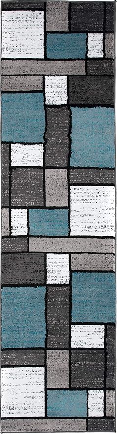 Rugshop Modern Geometric Boxes Blue Area Rug, Carpet with Jute Backing for Entryway, Kitchen, or Narrow Hall, 2' x 10'