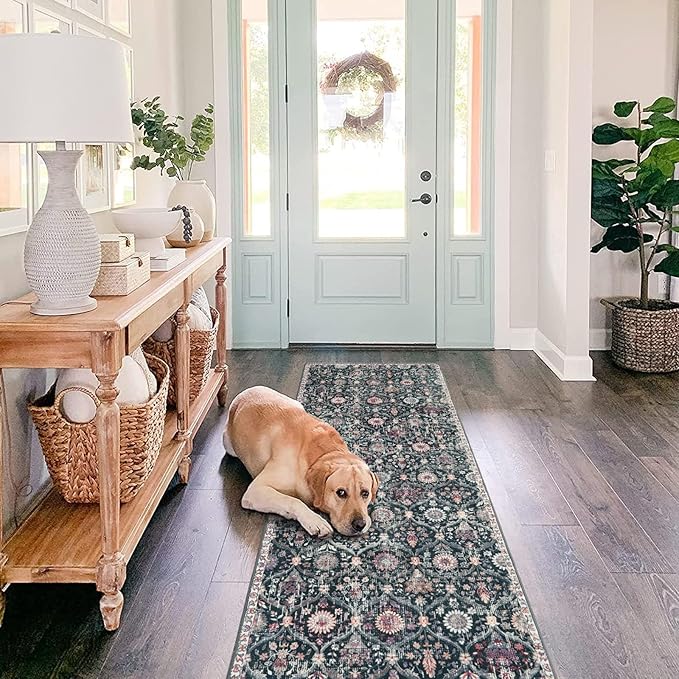 Lahome Moroccan Hallway Rug, 2'5''x8' Kitchen Runner Rugs Non Skid Washable Runners for Hallways, Ultra-Thin Oriental Carpet for Entryway Laundry Room Bedroom Bathroom, Black/Multi