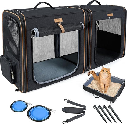 Lekereise Large Cat Carrier for 2 Cats, 2-in-1 Cat Travel Carrier with Litter Box, (17.7" x2) x16.5"x13" Pet Carrier with Zipper Locks for Moving Across The Country (No Hammock) - Black