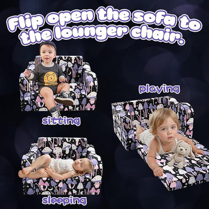 MeMoreCool Toddler Couch Chair – Foldable Kids Sofa for Ages 1–3, Fold-Out Bed with Side Pocket, Comfy & Washable Detachable Cover | Cute Patterns | Lightweight Lounger for Playroom, Naptime, Gifting