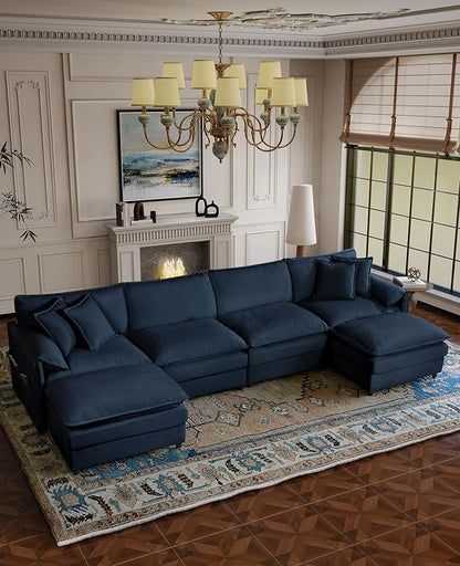 RENDGO 143" Modular Sectional Sofa, Chenille Cloud Couch for Living Rooms & Apartment, Deep Seat Comfort, Flexible U-Shape Combination Sofa for Family Guest Rooms,2 Ottoman,Blue