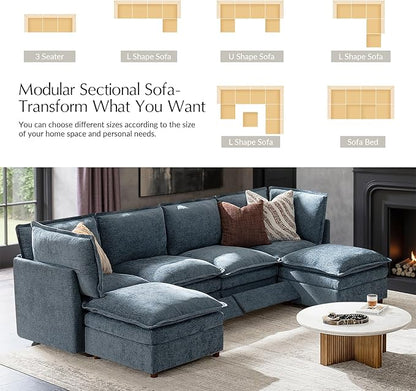 HULALA HOME 128'' Power Recliner Sofa with Dual-Layered Cushions, Oversized Modular Sectional Sofa U Shaped Couch with Storage Ottoman, 6 Seater Cloud Couch for Living Room, Blue