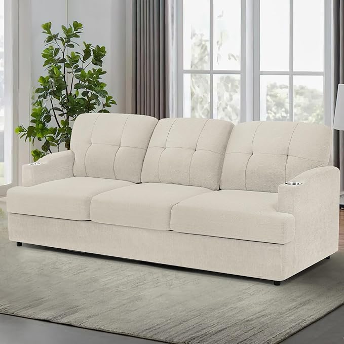 89" Chenille Modern Sofa with Cup Holder, Tufted Upholstered Couch with Thickened Cushions, Comfy 3 Seater Sofa with Deeper Seat for Living Room, Apartment,Beige