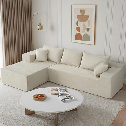 Sectional Cloud Boneless Couch for Living Room Bedroom, Comfy Modern L Shaped Modular Sofa with Left Facing Chaise, Deep Seat Memory Foam Couch in Box, No Assembly (Fine Striped Corduroy, Beige)