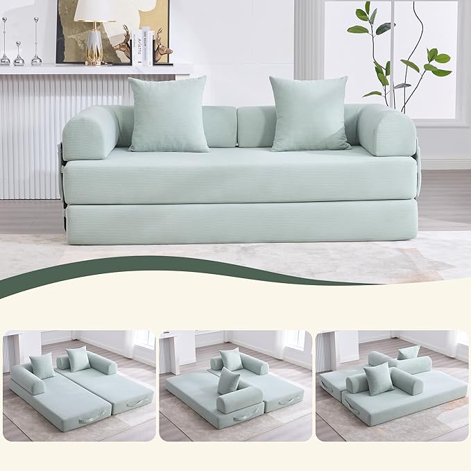 Convertible Sleeper Sofa Bed, Folding Floor Sofa Bed with Fixed-Shape Frame, Corduroy Floor Sleeper Sofa with Storage Pocket, Futon Boneless Sofa Couch for Living Room, Mint Blue