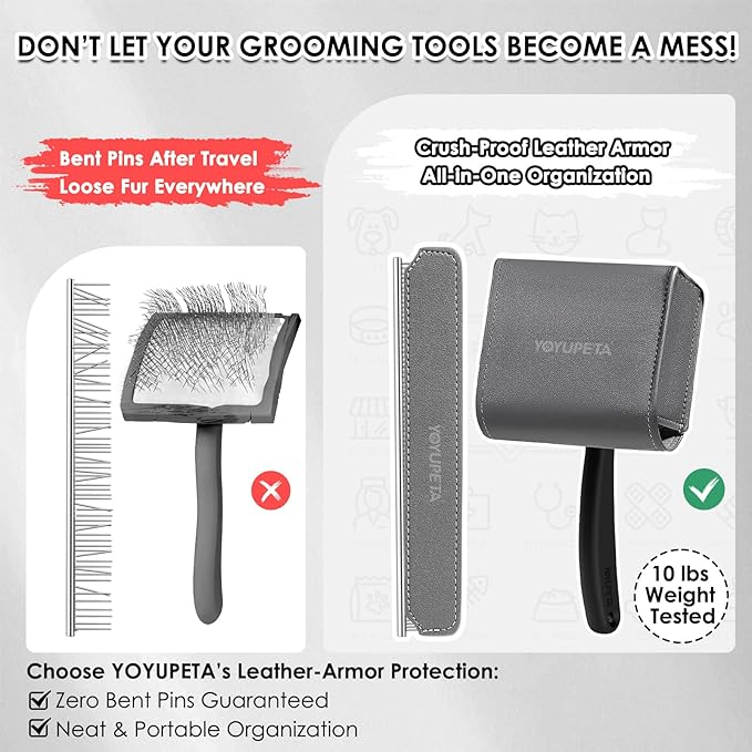 Large Dog Slicker Brush & Comb Set with Leather Sleeves - Long Pin Deshedding Brush for Golden Retrievers, Poodles, Doodles & Thick Coats, Wood Handle Pet Grooming Kit for Dogs, Cats. Black