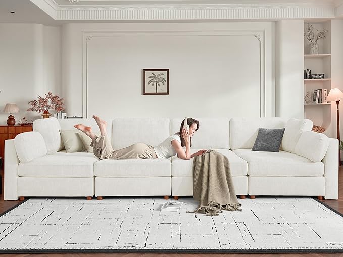 CUGOAO 159'' Modular Sectional Sofa, 8-Seater Oversized U-Shaped Sectional Couch with Ottoman, Deep Seat Chenille Cloud Couch, Mordern Upholstered Couches for Living Room, Apartment, Office, Beige