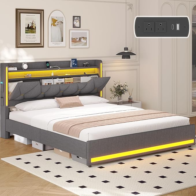Queen Bed Frame with Headboard, Platform Bed Frame Queen Size with LED Lights & Charging Station, Upholstered Bed Frames with Storage Headboard, No Box Spring Needed, Easy Assembly, Gray