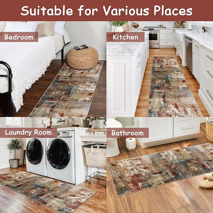 Lahome Modern Abstract Kitchen Runner Rugs Non Skid Washable, 2x6 Rug Runners for Hallways Bathroom Laundry Room, Non Slip Indoor Floor Carpet Runner for Bedroom Home Decor, Red/Multi