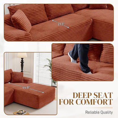95" Boneless Cloud Sectional Couches for Living Room, Comfy Fluffy L Shaped Memory Foam Deep Seat Boneless Couch, Modular Sectional Sofa with Right Facing Chaise, Orange
