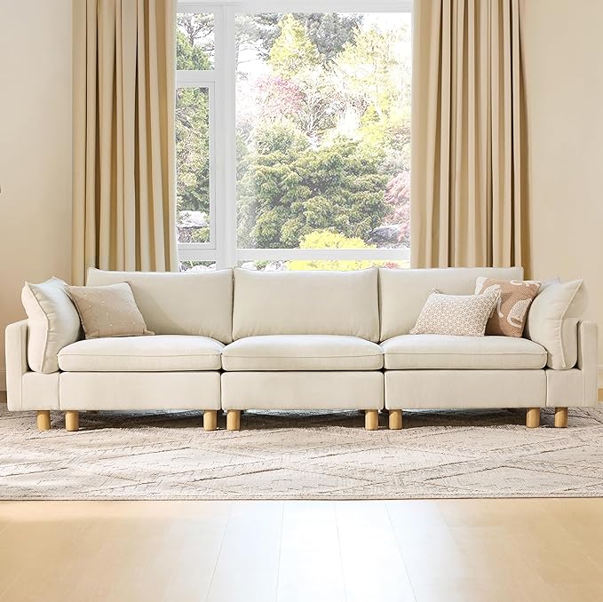 CHITA 127" Super Large Sectional Couches for Living Room, Modular Cloud Couch Sectional Sofa, Premium Fabric Couches, Down Filled, High Density Foam, Chenille in Cream, 3 Seater