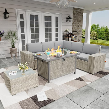 Broivira 7 Piece Patio Furniture Set with 50,000 BTU Rattan Fire Pit Table That Converts to Coffee Table, 9.8" Wide Arm Sectional Sofa with Storage Armrests, Outdoor Rattan Conversation Set, Grey