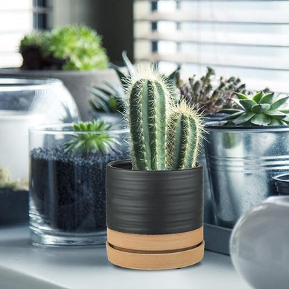 HERDUK 6 Inch Plant Pots, Ceramic Planter Pot with Drainage Hole & Saucer, Indoor/Outdoor Cylinder Round Planter Pot, Matte Black & Brown