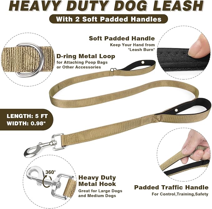 Tactical Service Dog Vest Harness and Leash Set,Heavy Duty Dog Harness with Metal Buckles for Large Dogs,Adjustable No Pull Pet Vest with 10 Patches,for Training Working,Brown L