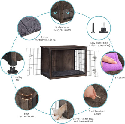 DWANTON Dog Crate Furniture with Cushion, Wooden Kennel Table with Double Doors, Indoor Dog House, Extra Large Size, 43.3" L, Dark Gray