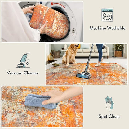 Lahome Modern Abstract Runner Rug - 2x4.3 Washable Kitchen Soft Laundry Room Rugs Bathroom Mat, Contemporary Non Slip Indoor Throw for Entryway Living Room, Yellow/Gold/Cream 2' x 4.3'