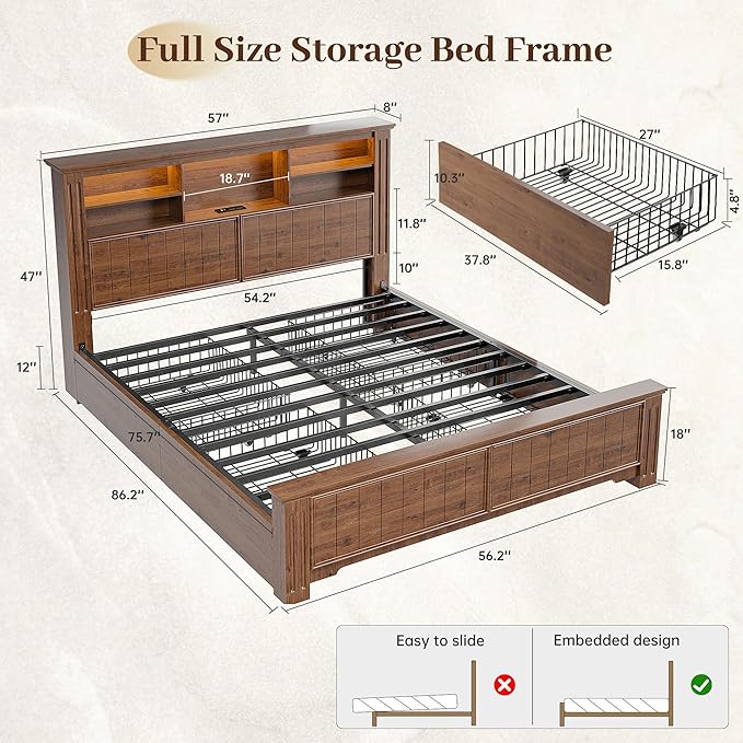 EnHomee Full Size Bed Frame with Headboard, Full Bed Frame with 4 Drawers Charging Port & LED, Farmhouse Bed Full Built in Charging Station,No Box Spring Needed,NO Noise,Vintage Brown