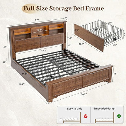 EnHomee Full Size Bed Frame with Headboard, Full Bed Frame with 4 Drawers Charging Port & LED, Farmhouse Bed Full Built in Charging Station,No Box Spring Needed,NO Noise,Vintage Brown