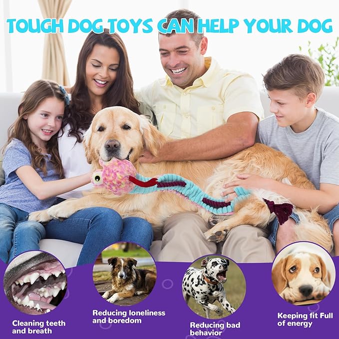 Crinkle Dog Toys Squeaky Plush No Stuffing Cute Puppy Stuffless Tough Rop Pull Toy, Fun Dog Stuffed Animals Durable Chew Set for Small Medium Large Pup (Large, Snake)