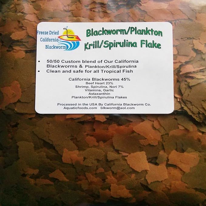 Aquatic Foods Inc. Flakes - 45% California Blackworm & Plankton/Krill/Spirulina Flake Mix for Discus, Cichlids, Tetras, Guppies, Live Bearers, Pond Fish, All Tropical Fish Premium AF Flakes - 1/4-lbs