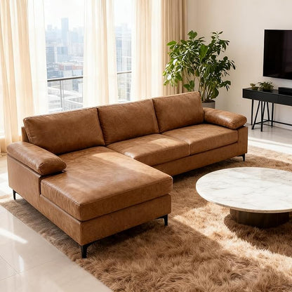 VANOMi Faux Leather Couch for Living Room, 100" Sofa & Couches with Convertible Chaise 3-Seater Modern Sectional Sofa for Apartment, Corner, Office, Right/Left-L-Shaped, Brown