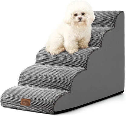 Dog Stairs for Small Dog 22.6" H, Curved Pet Step for Puppy, Older Cat, Medium Pet Ramp for High Bed, Ladder with High Density Foam, Durable, 5 Step, 15.7x33x22.6 inch, Grey
