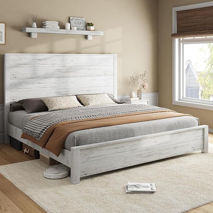 AMERLIFE King Size 51.2" Wood Bed Frame, Rustic Platform Bed with Spliced Headboard, Wood Slats Support/No Box Spring Needed/Noiseless/Antique White