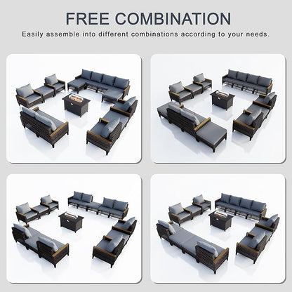 15 Pieces Patio Conversation Sets, Outdoor Furniture Set with Fire Pit Table, Wicker Rattan Sectional Modular Seating Set Includes 2 Three Seater Sofa & 4 Single Armchairs & 4 Ottomans (Gray Cushions)