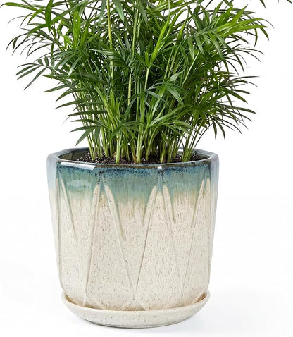 7.8 Inch Ceramic Plant Pot with Drainage Hole Mesh Net, Large Flower Pots for Indoor Plants with Saucer, Gardening Pots Outdoor (Blue Mouth Linen)