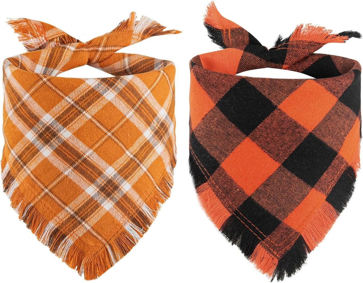 Kytely Fall Dog Bandana 2 Pack, Halloween Thanksgiving Dog Bandanas, Orange Plaid Pet Scarf for Boy and Girl, Holiday Bandana Reversible Triangle Bibs Accessories for Dogs Pets Small