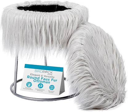 BIRDROCK HOME Round Faux Fur Foot Stool - Small Padded Ottoman with Soft Cushion for Living Room, Bedroom, or MakeUp Room - Modern Upholstered Accent Chair, Vanity Seat, Footrest for Couch/Sofa - Grey