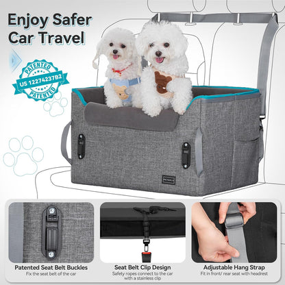 PETSFIT Dog Booster Car Seat for Small/Medium Dogs, Dog Car Seat for Medium Sized Dog with 2 Clip-On Safety Leashes and Patented Buckles, Pet Car Seat with Storage Pockets for Pets Under 45Lbs (Grey)