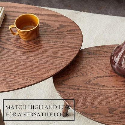 Wayshome 100% Solid Oak Wood Nesting Coffee Table,Mid Century Modern Oval Coffee Tables Set, Round Tables for Living Room, Pebble Side Table for Balcony (Walnut, Combine)