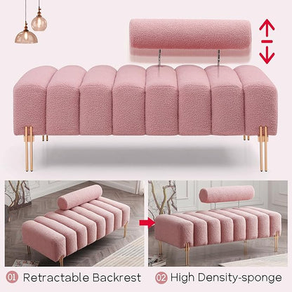 NIOIIKIT 53.2" Modern Loveseat Sofa Couch, Upholstered Accent Sofa with Golden Legs and Adjustable Backrest, Small Teddy Fleece Couches for Bedroom, Living Room, Compact Small Space (Pink)