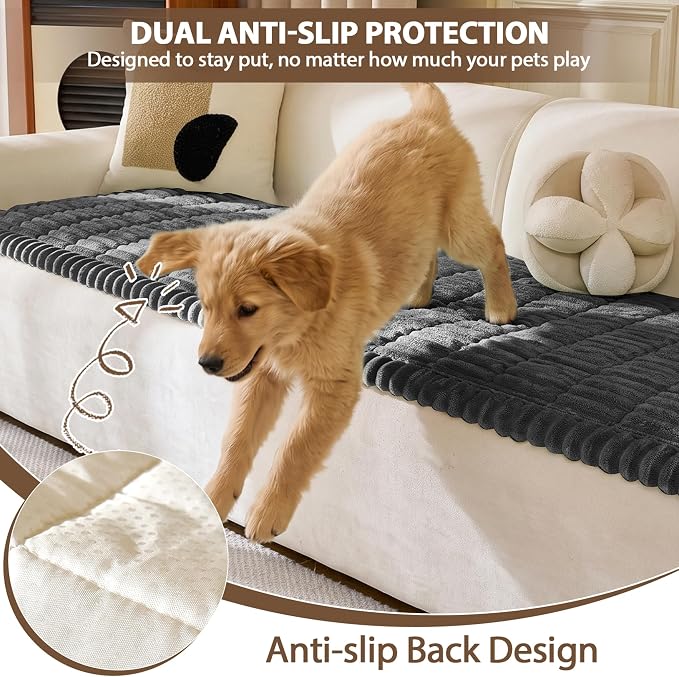 FUANGUI 2 Pack Waterproof Couch Cover for Dogs Pets Sofa Protector | Non-Slip Washable Fuzzy Soft Sofa Slipcover for 2 PCS L Shaped Sofa Pet Friendly, 27.6" x 59.1"+27.6" x 70.9", Dark Grey