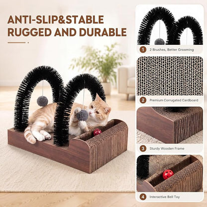 Sadnyy Cat Self Groomer with 2 Arch Grooming Brushes and Scratcher Pad, for Cat Back and Face Scratcher Massager with 2 Plush Balls, Pet Rubbing Post for Indoor Outdoor Kitten Small Dog