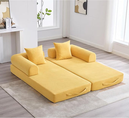 Convertible Sleeper Sofa Bed, Folding Floor Sofa Bed with Fixed-Shape Frame, Corduroy Floor Sleeper Sofa with Storage Pocket, Futon Boneless Sofa Couch for Living Room, Yellow