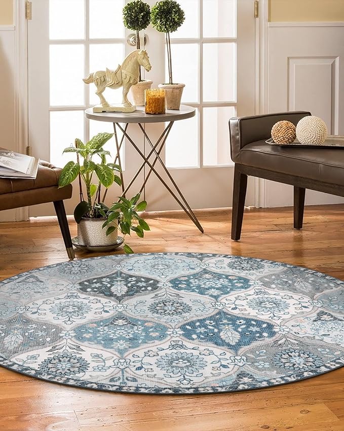 Lahome Moroccan Trellis Round Area Rugs, Washable Small Round Rug 3ft Non-Slip, Soft Vintage Ultra-Thin Circle Carpet for Bedroom Entryway Kitchen Laundry Bathroom, Blue