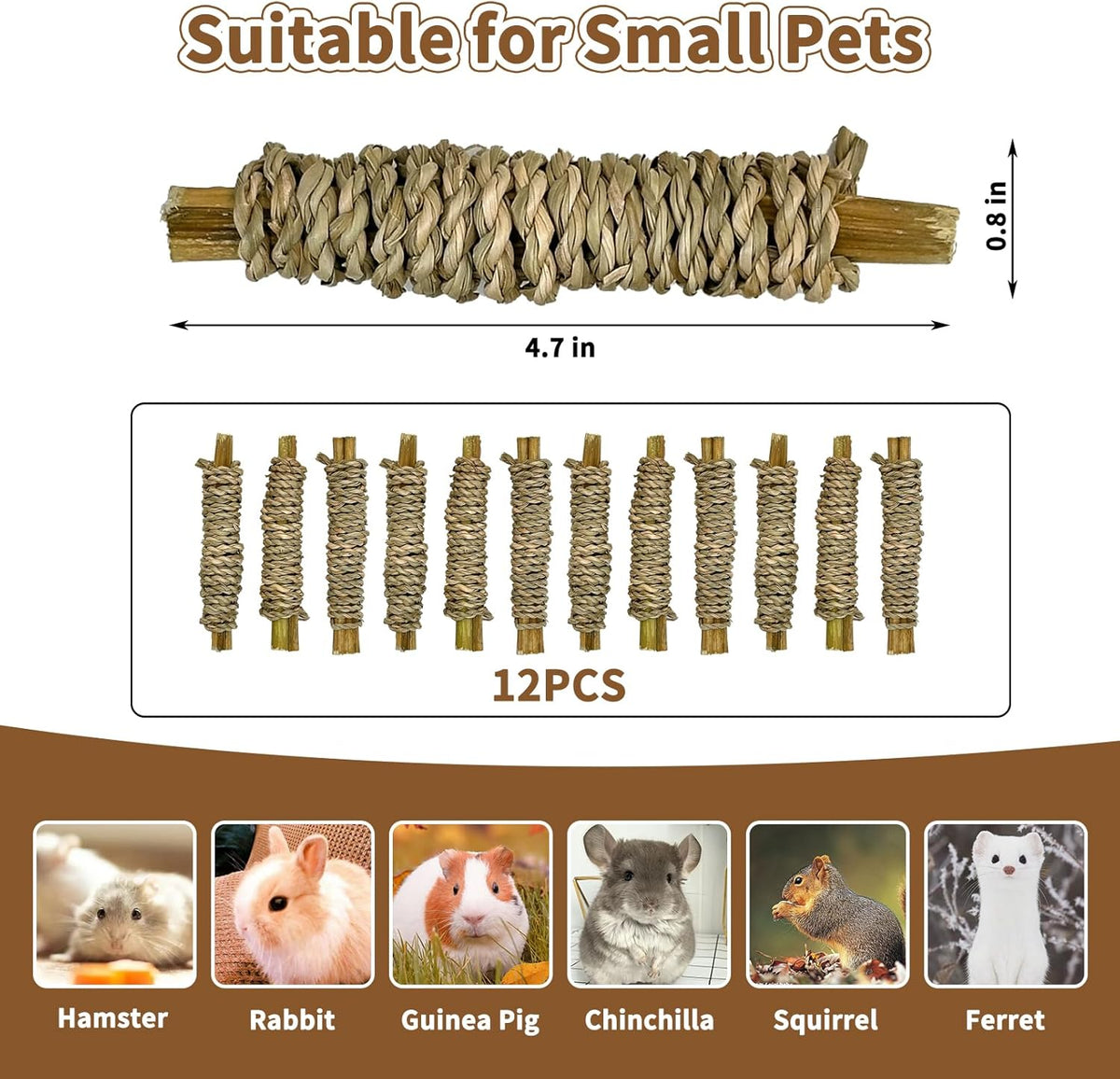 Fhiny 12 PCS Rabbit Chew Sticks, Natural Papaya Wood Seagrass Guinea Pig Chew Toys for Teeth Small Animal Molar Sticks Snacks for Bunny Guinea Pig Chinchilla Ferret Hamster Gerbil Dental Care