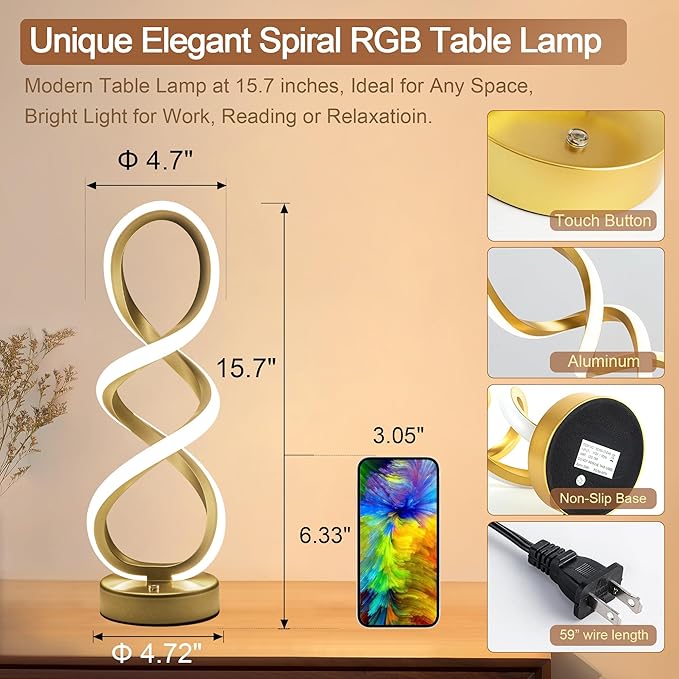 Modern Table Lamp, 7 Colors 10 Light Modes Spiral Design Table Lamp, Touch