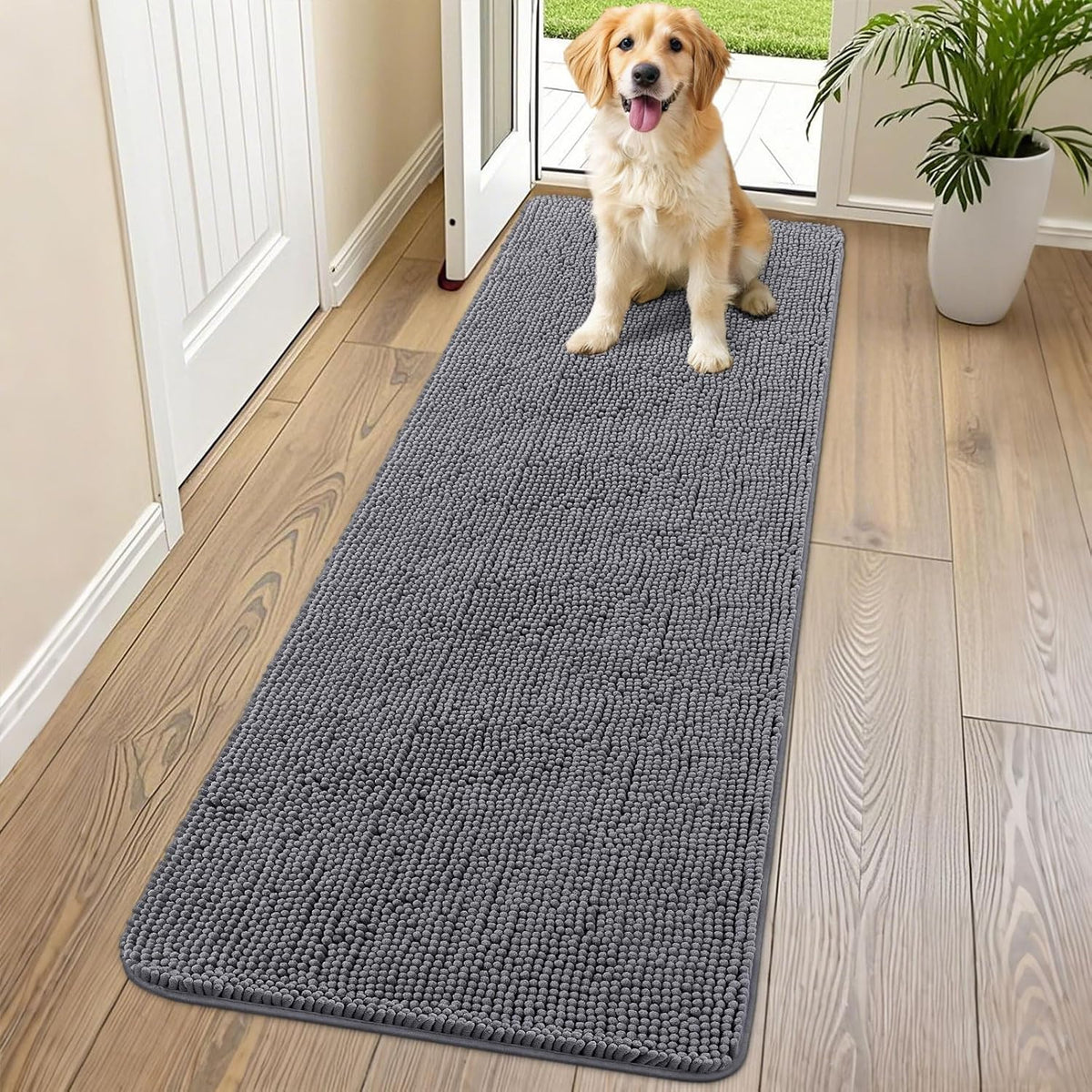 Smiry Dog Door Mat for Muddy Paws 70x24, Absorbs Moisture and Dirt Doormat, Non-Slip Washable Quick Dry Chenille Front Door Mat Indoor Entrance, Entryway Carpet for Inside Floor, Dark Grey