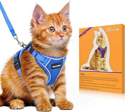 Halypet Cat Harness and Leash Set [MAX Safety 4th-Gen Upgrade] Escape Proof Adjustable Cat Leash Comfortable Soft Vest Easy to Wear Kitten Harness with Reflective Strip for Cats Walking, XS Blue