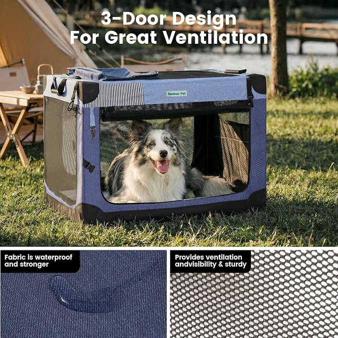 Gardner Pet Soft Collapsible Dog Crate - 26 Inch Portable Travel Dog Crate for Puppy/Small Dogs Indoor & Outdoor, 3-Door Pet Crate with Durable Mesh Windows & Storage Bag, Blue