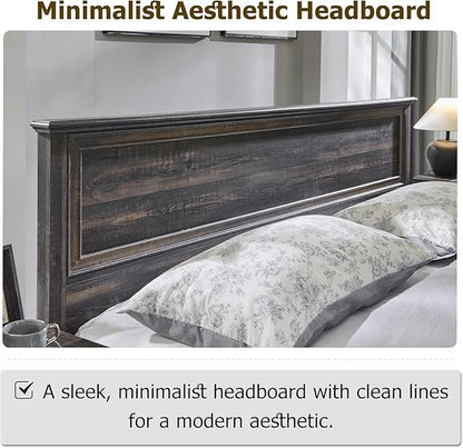 T4TREAM Farmhouse Queen Bed with Headboard and Storage Bench, Rustic Wood Platform Bed with 64" Storage Chest w/ 4 Large Drawer, Dark Rustic Oak