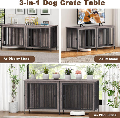 EasyCom 63" Dog Cage Furniture for 2 Pets with Divider, XL Wooden Double Dog Crate Furniture TV Stand for Mideum Breed, Durable and Sturdy