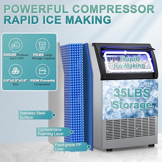 Commercial Ice Maker Machine 250 Lbs/24H, 35 Lbs Ice Bin, Undercounter Ice
