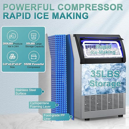 Commercial Ice Maker Machine 250 Lbs/24H, 35 Lbs Ice Bin, Undercounter Ice
