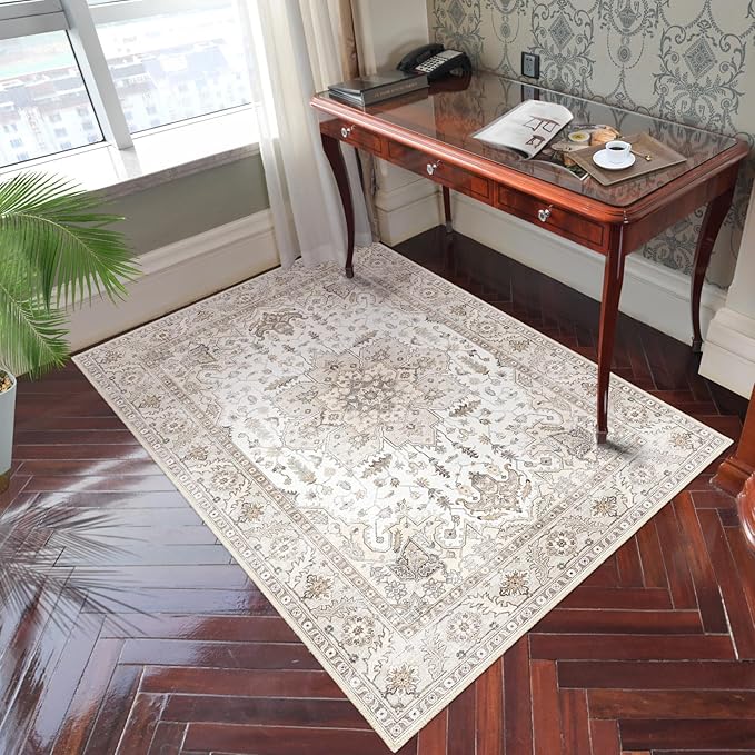Area Rug 5x7, Machine Washable Rugs for Bedroom, Large Non Slip Persian Rug for Bedroom Living Room Kitchen Entryway Bathroom Office Carpet Brown…