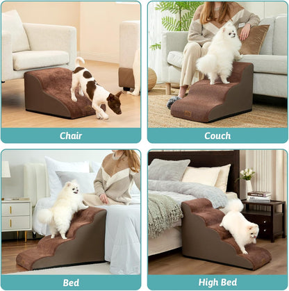 Dog Stairs for Small Dogs 19.7" H, Curved Dog Step for Puppy, Older or Cat, Medium Pet Ramp for Sofa, Couch or Bed, Ladder with High Density Foam, 15.7x28.3x19.7 inch, 4 Step, Brown