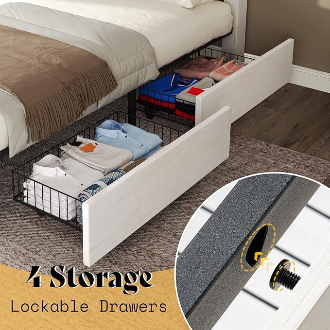 AMERLIFE King Size Farmhouse Bed Frame with 4 Drawers, Wooden Storage Bed Frame with Headboard and Heavy Duty Metal Slats, Noisy Free, Easy Assemble, White/Barnwood